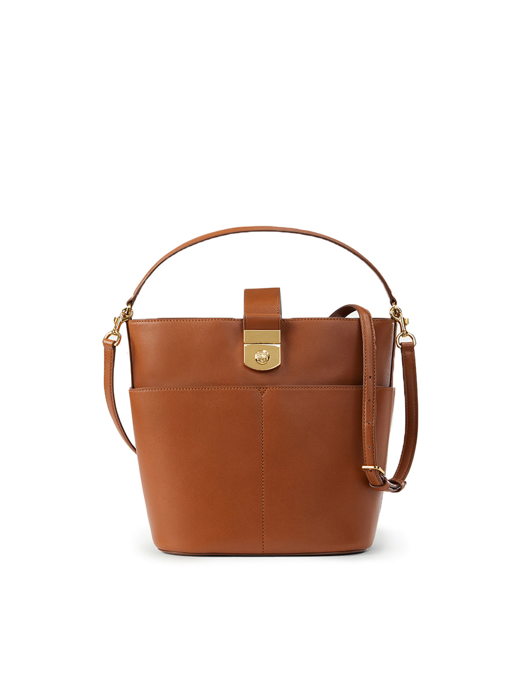 Front view of Veronica Beard's the small crest lock bucket bag in hazelwood.