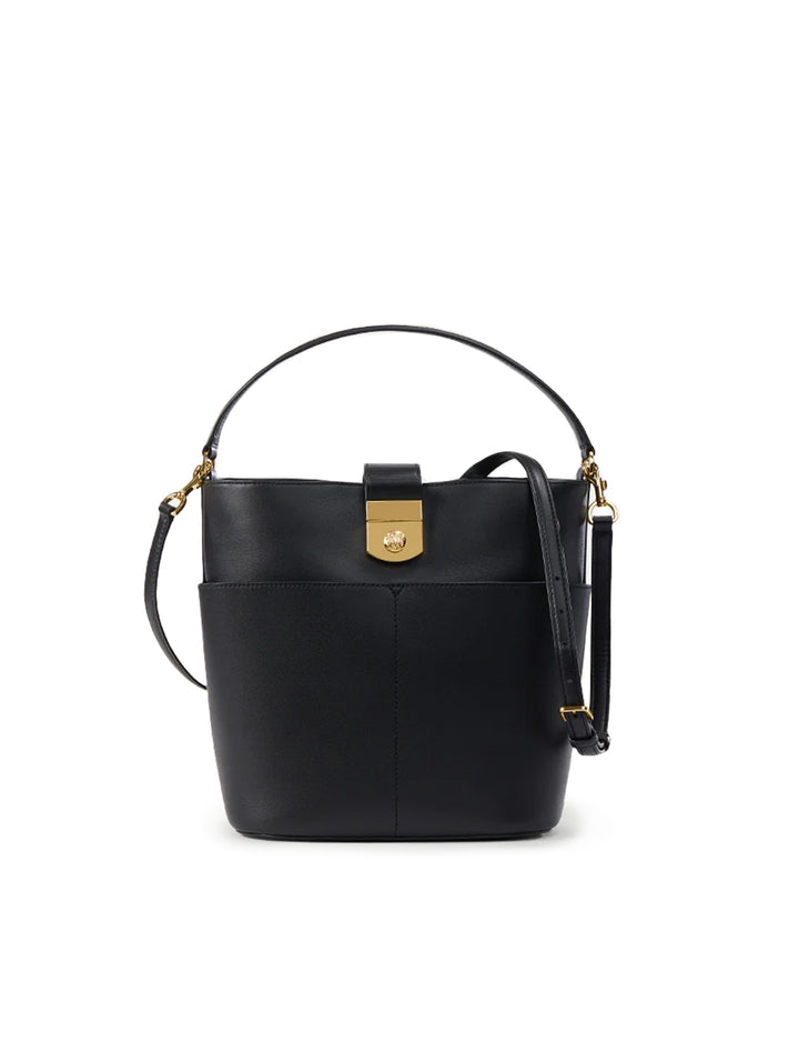 Front view of Veronica Beard's the small crest lock bucket bag in black.