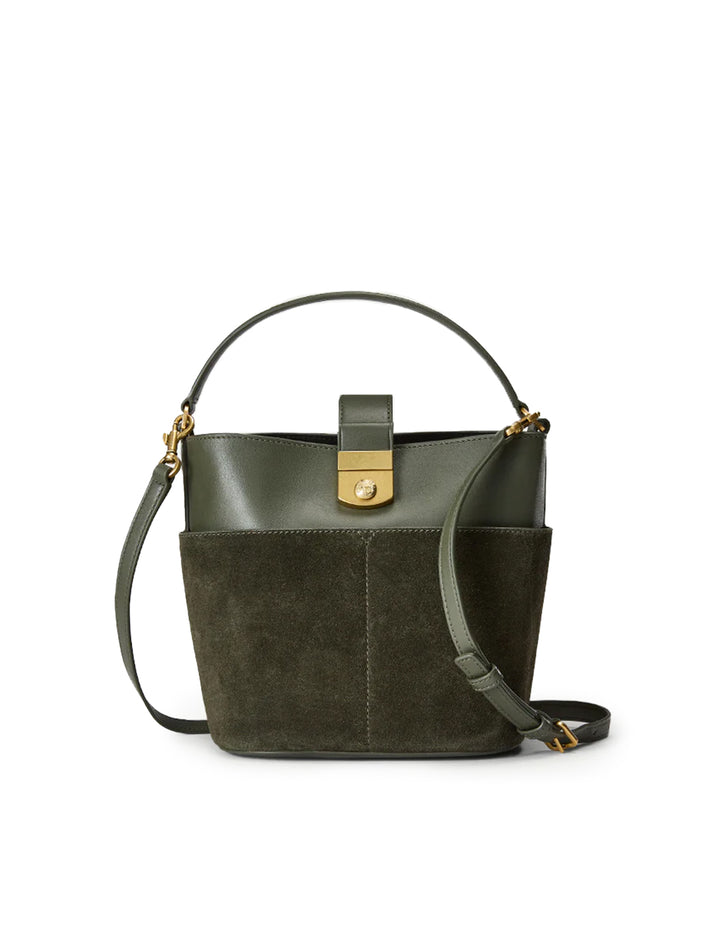 Front view of Veronica Beard's the small crest lock bucket bag in pine.