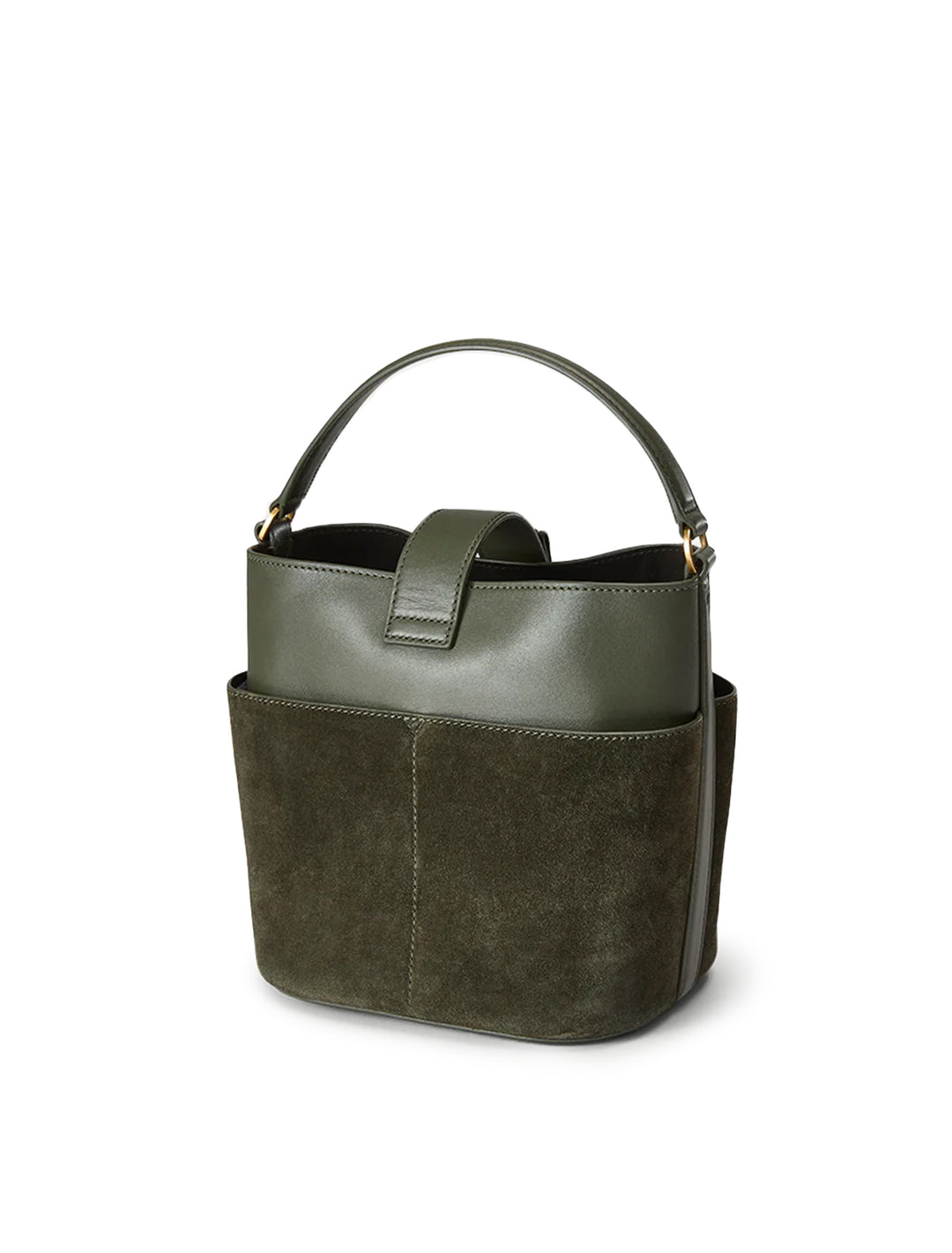 Back angle view of Veronica Beard's the small crest lock bucket bag in pine.