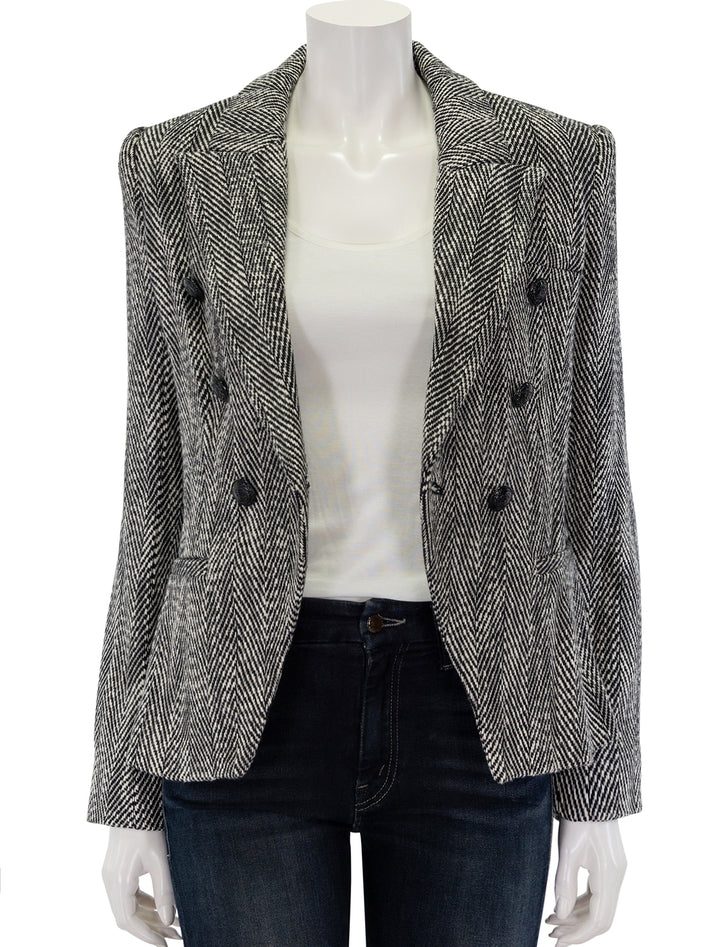 Front view of L'Agence's marie double breasted blazer in black and white tweed, unbuttoned.