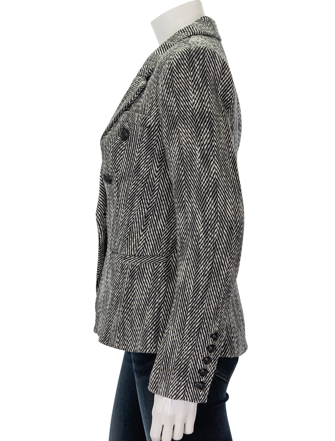 Side view of L'Agence's marie double breasted blazer in black and white tweed.