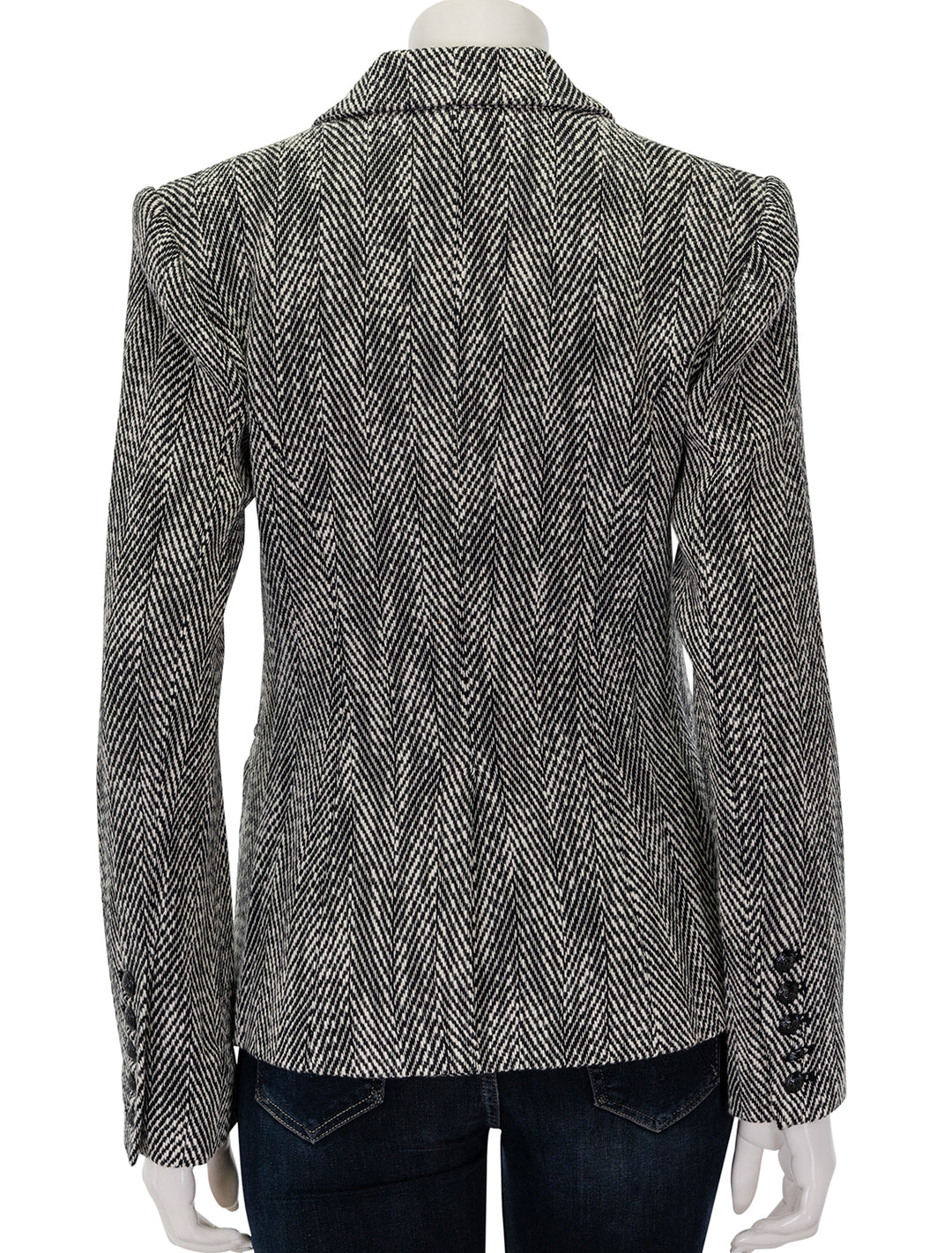 Back view of L'Agence's marie double breasted blazer in black and white tweed.