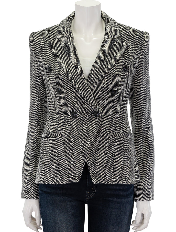 L'Agence's marie double breasted blazer in black and white tweed, buttoned.