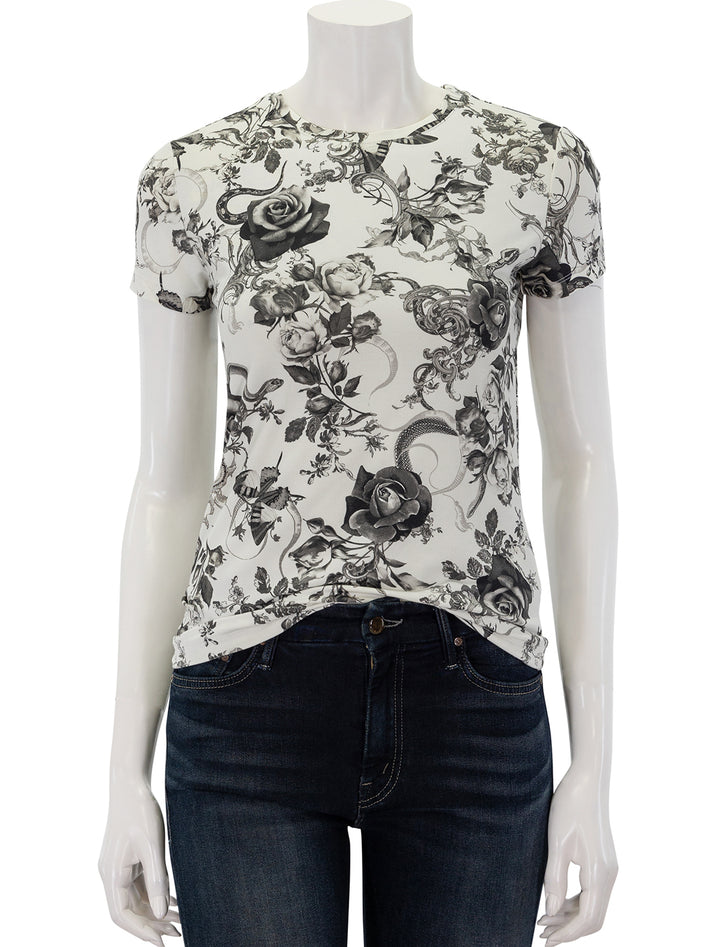 Front view of L'agence's ressi tee in ivory and black baroque floral.