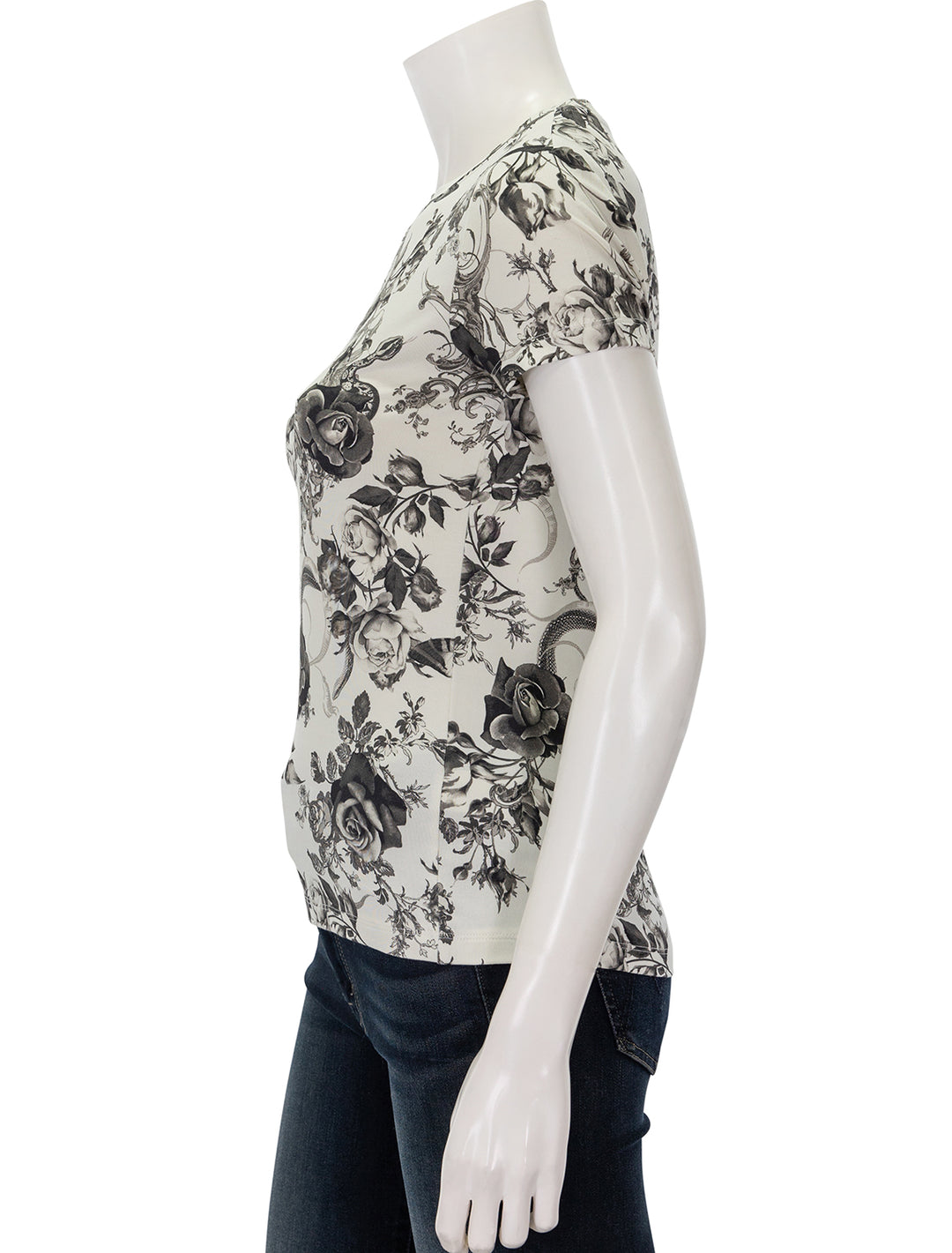 Side view of L'agence's ressi tee in ivory and black baroque floral.