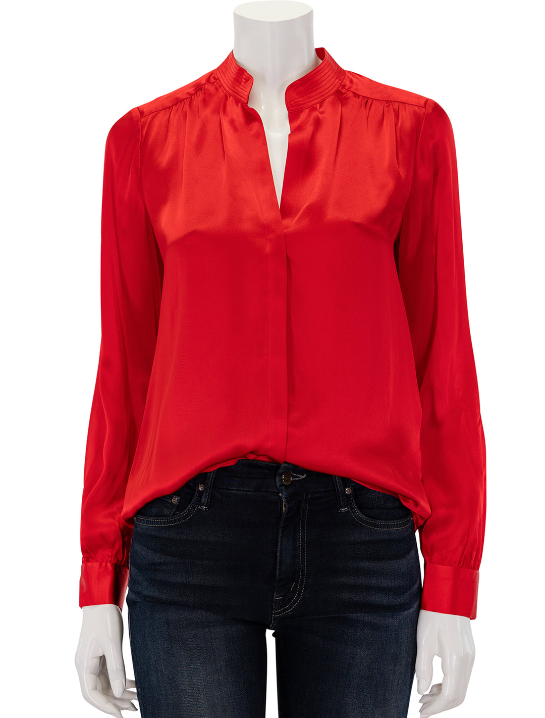 Front view of L'agence's bianca band collar blouse in lava red.