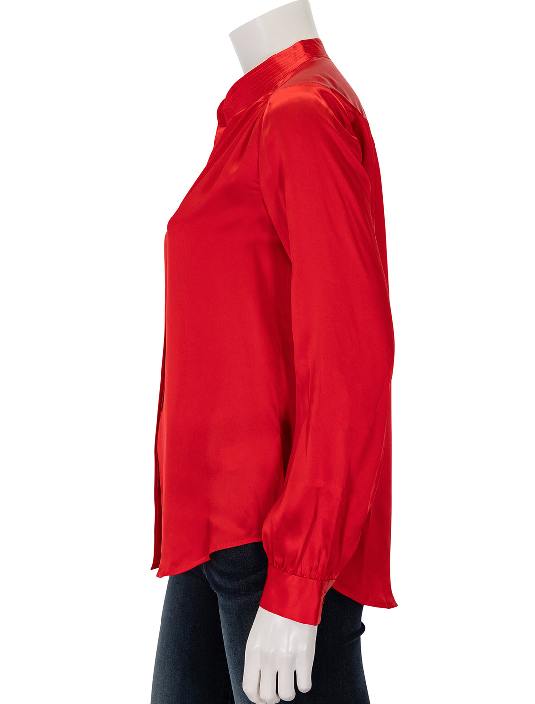 Side view of L'agence's bianca band collar blouse in lava red.