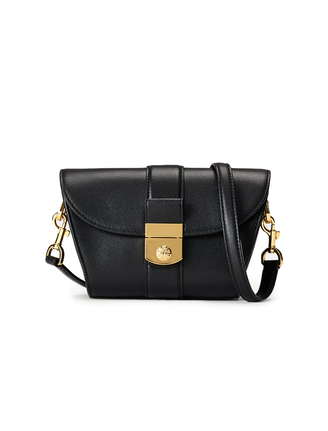 Front view of Veronica Beard's the small crest lock trap bag in black.