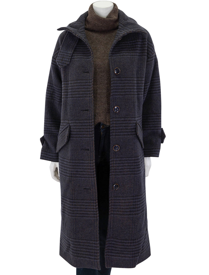 Front view of Sessun's miamia coat in navy and brown plaid.