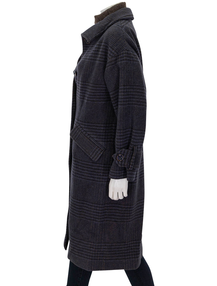 Side view of Sessun's miamia coat in navy and brown plaid.