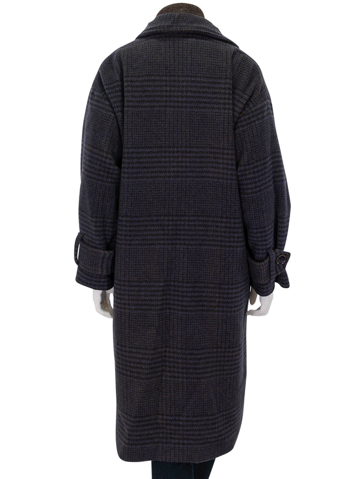 Back view of Sessun's miamia coat in navy and brown plaid.