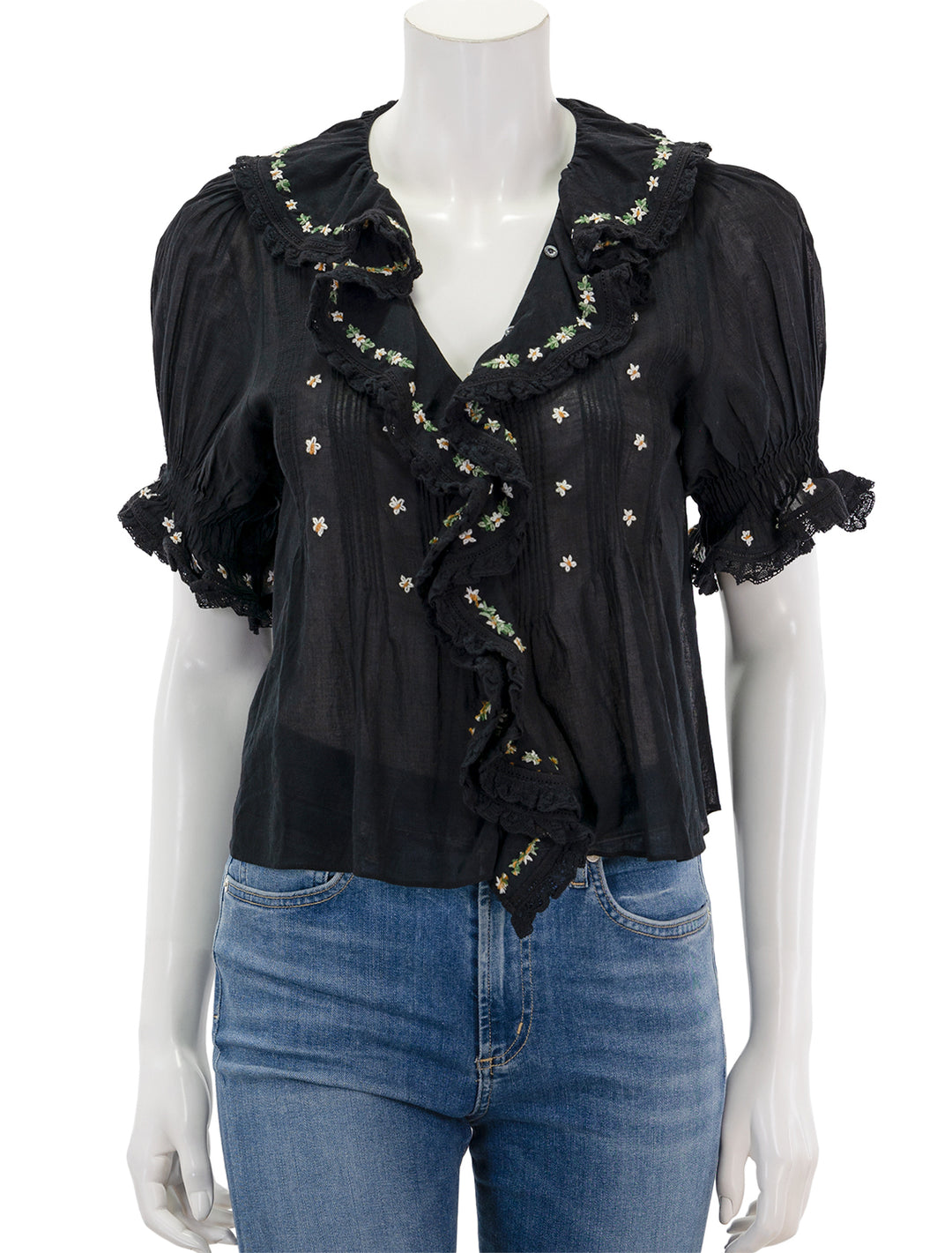 Front view of DOEN's hettie top with embroidery in black.