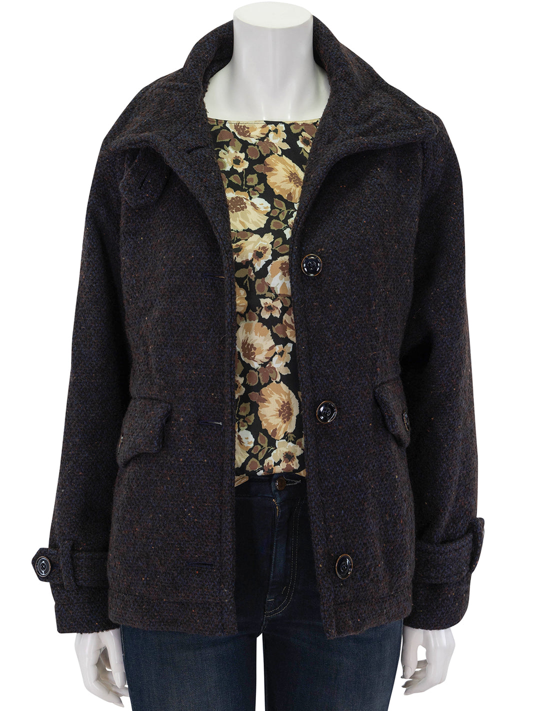 Front view of Sessun's lee valley short coat in navy & brown fleck, unbuttoned.