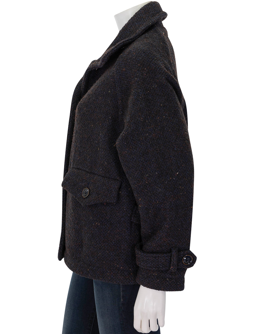 Side view of Sessun's lee valley short coat in navy & brown fleck.