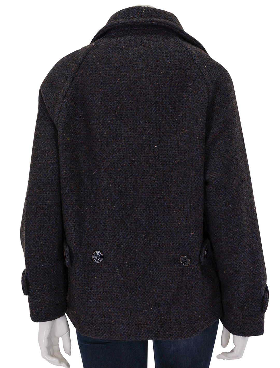 Back view of Sessun's lee valley short coat in navy & brown fleck.