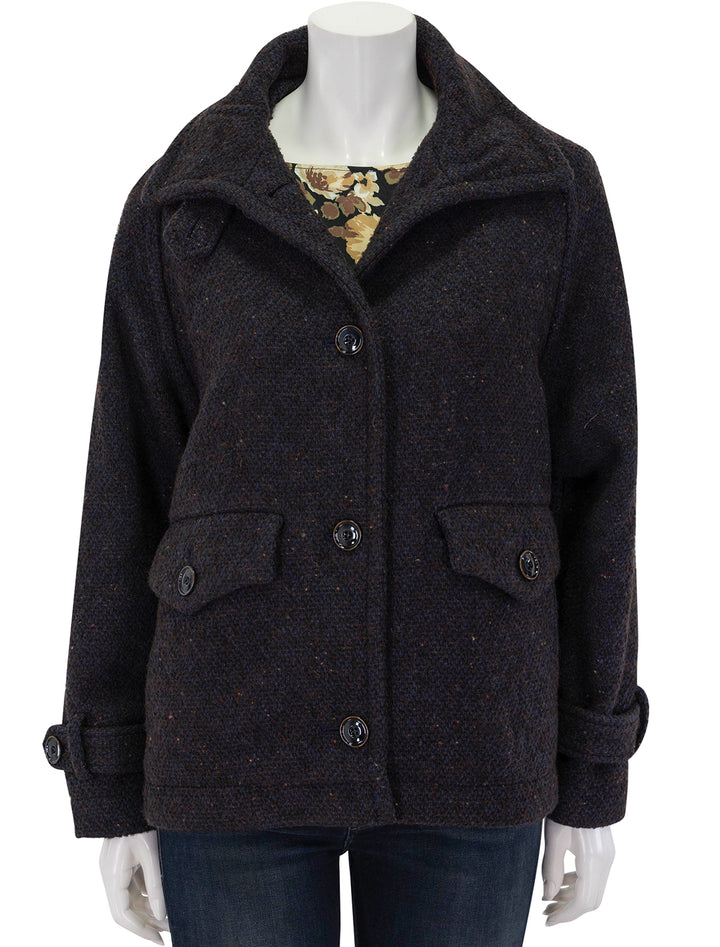 Front view of Sessun's lee valley short coat in navy & brown fleck, buttoned.