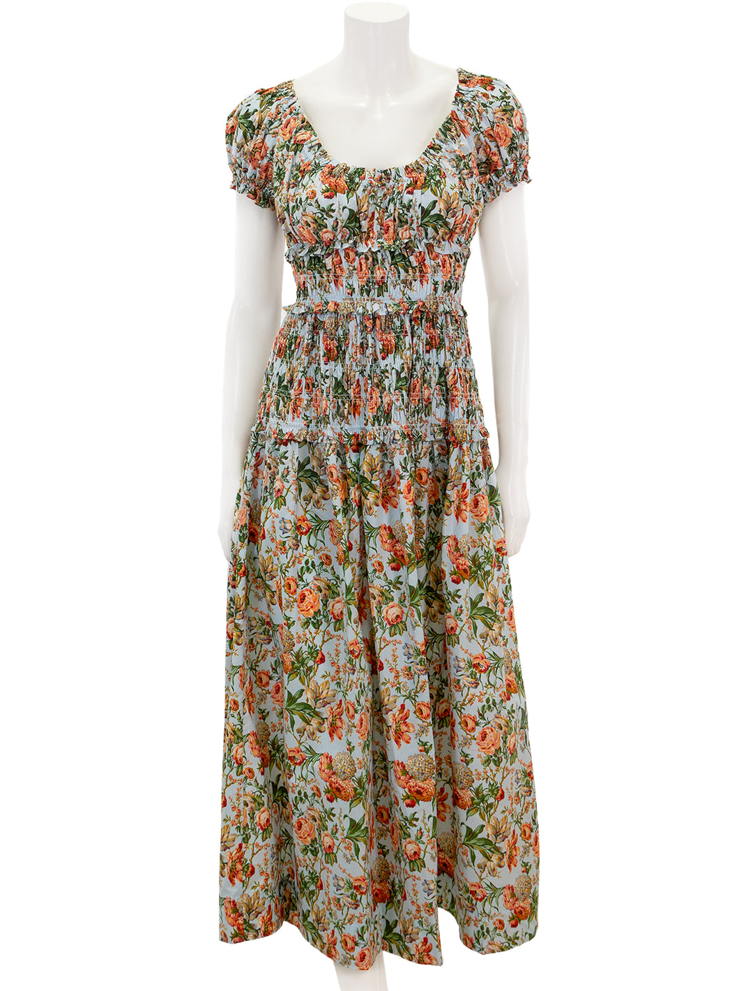 Front view of Doen's leanne dress in calico garden.