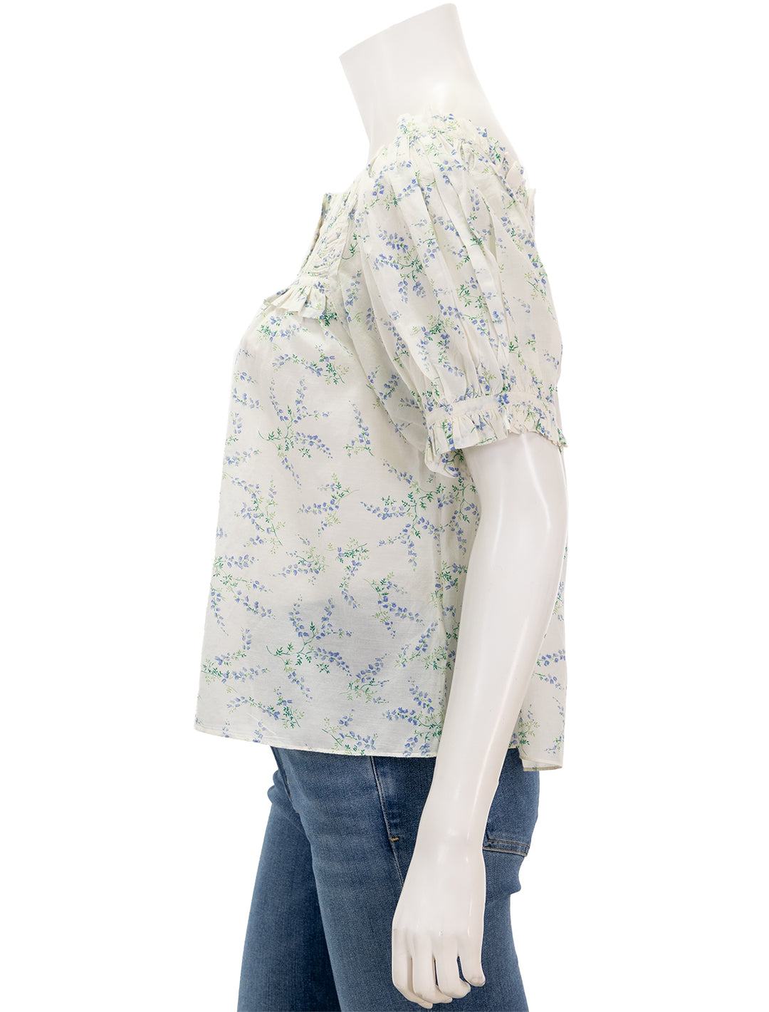 Side view of DOEN's farley top in blanc bluebell ballad.