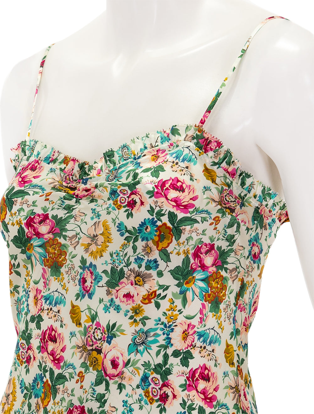 Close-up view of DOEN's calsi dress in liberty rose romance.