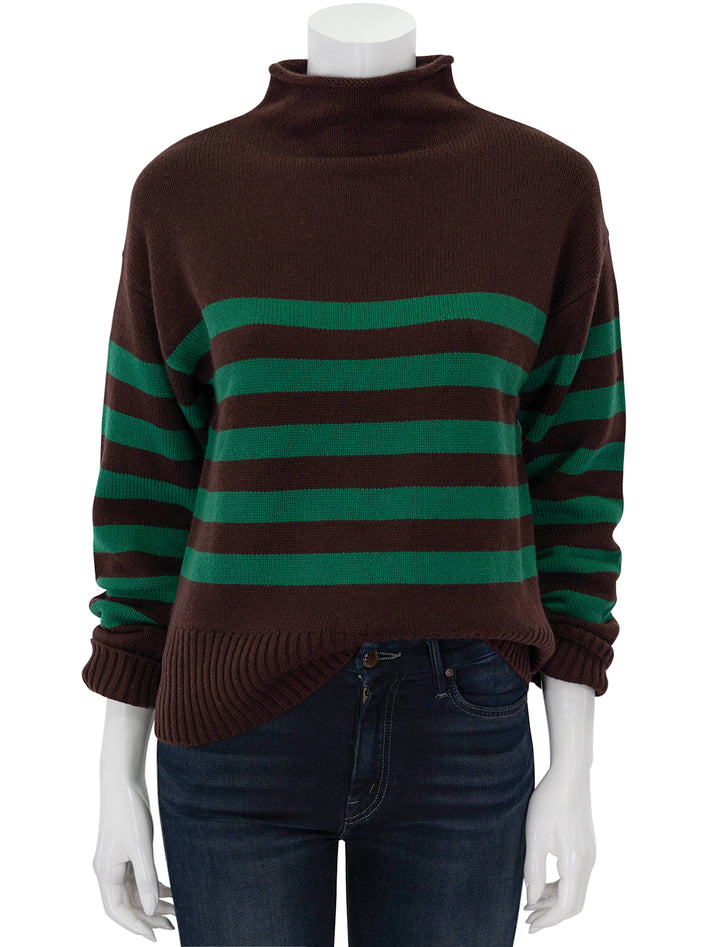 Front view of KULE's the lucca rollneck in chocolate and kelly stripe.