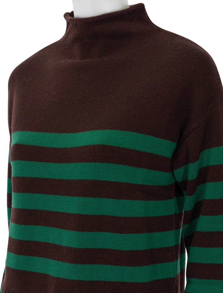 Close-up view of KULE's the lucca rollneck in chocolate and kelly stripe.