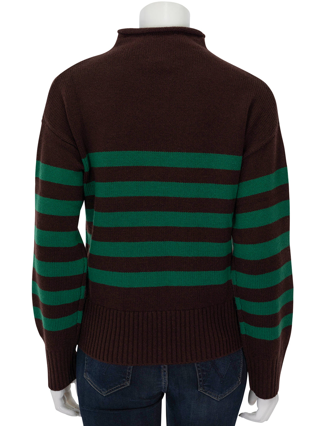 Back view of KULE's the lucca rollneck in chocolate and kelly stripe.