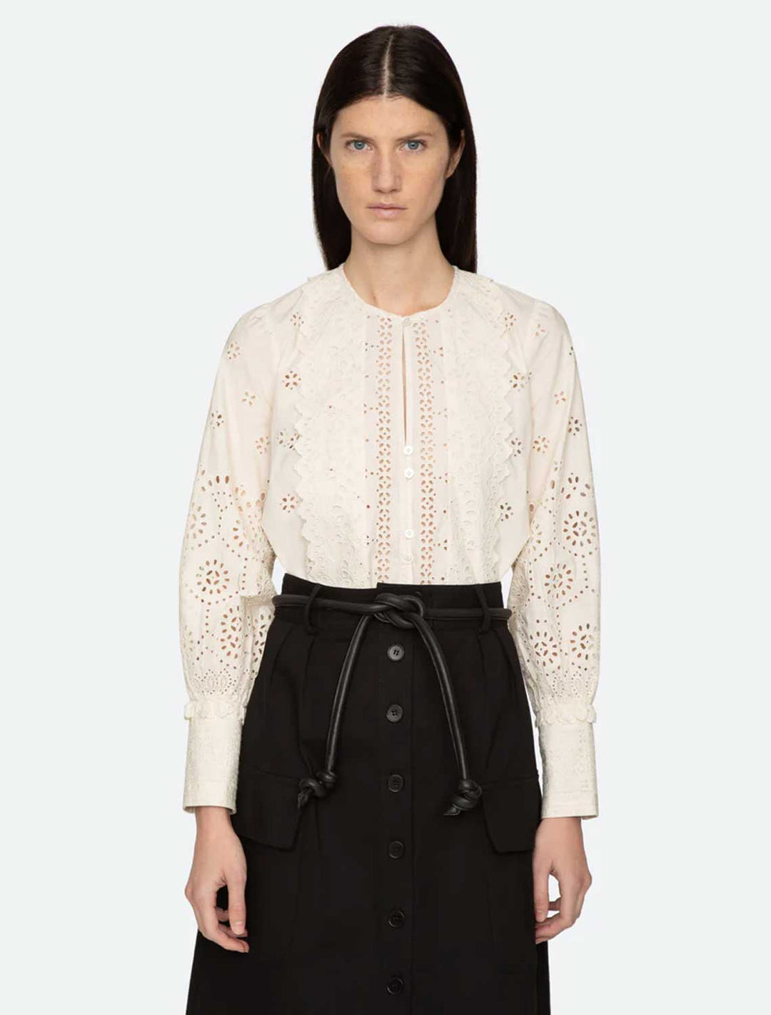 model wearing lainey embroidery blouse in cream