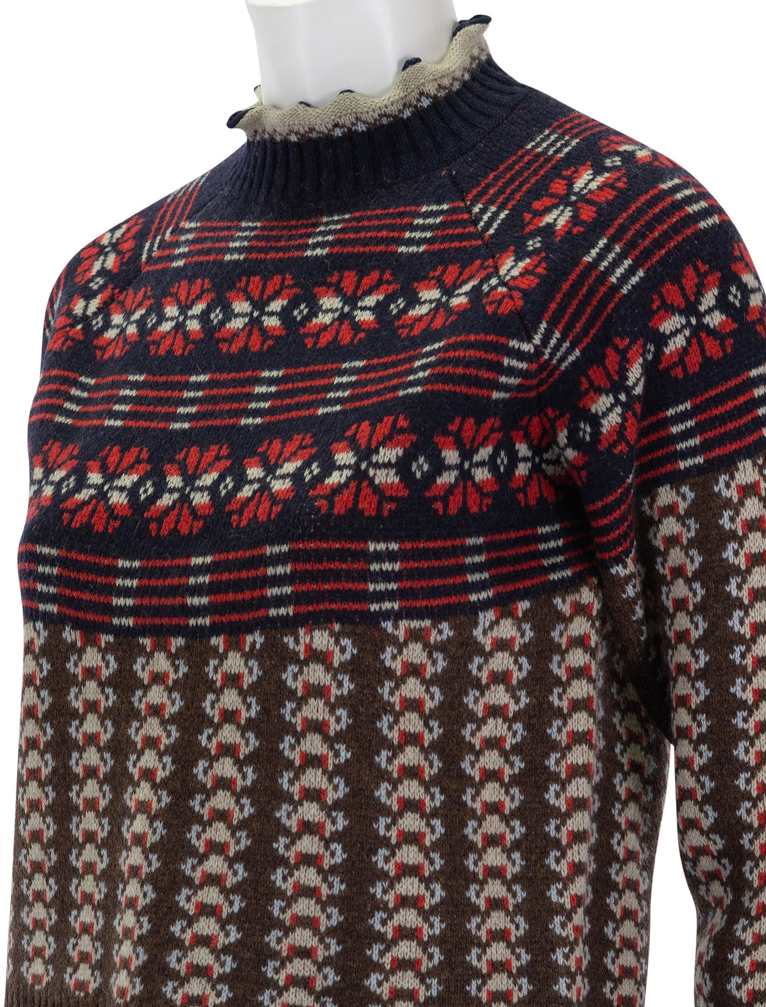 Close-up view of Sea NY's ayla sweater in red, navy multi.