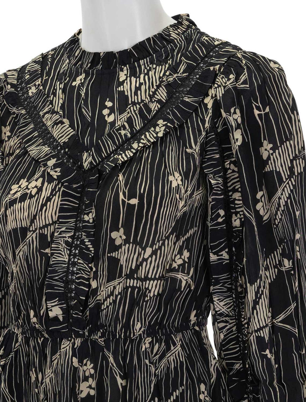 close up view of sunniva printed dress in black