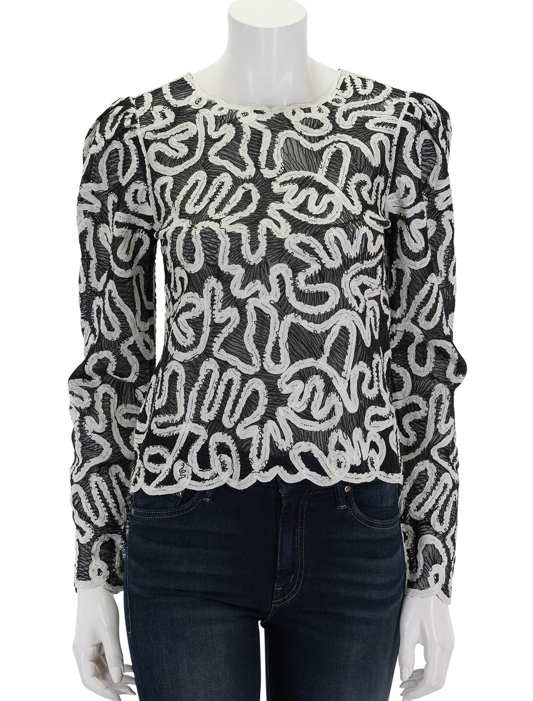 front view of alice embroidered battenberg lace top in black and white