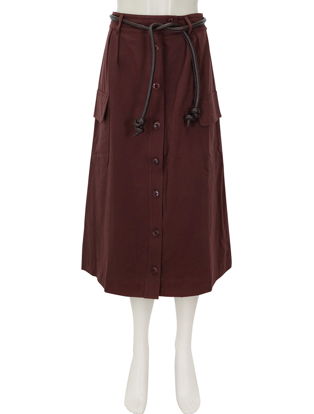 Front view of Sea NY's kerith belted skirt in burgundy.