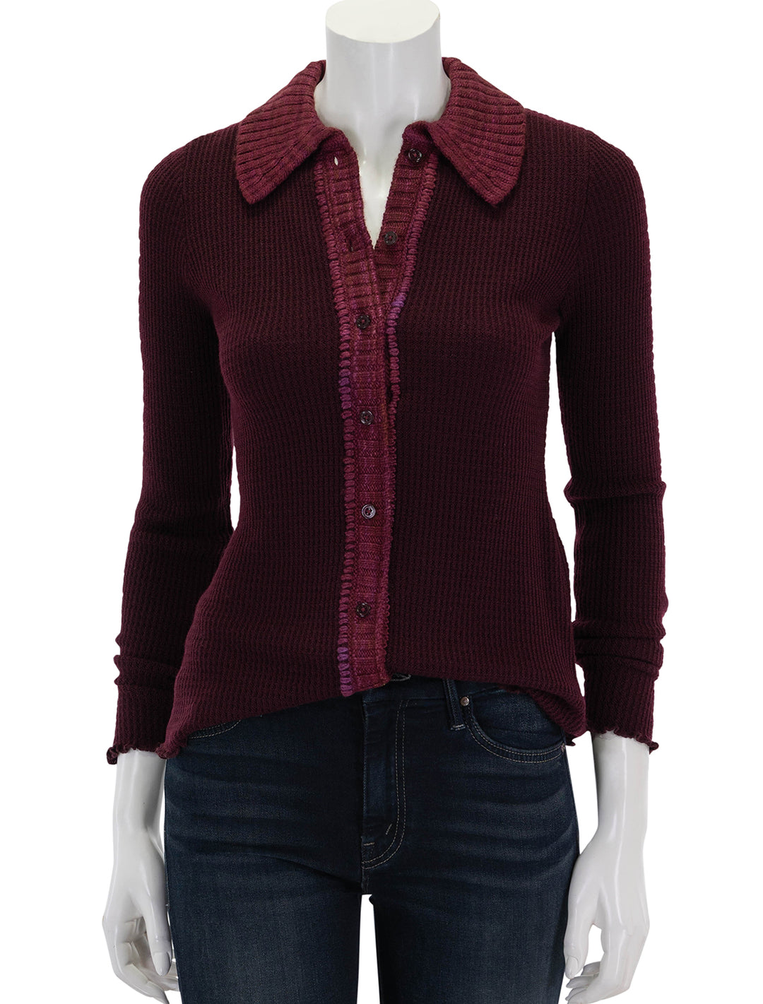 front view of clare thermal cardigan in burgundy