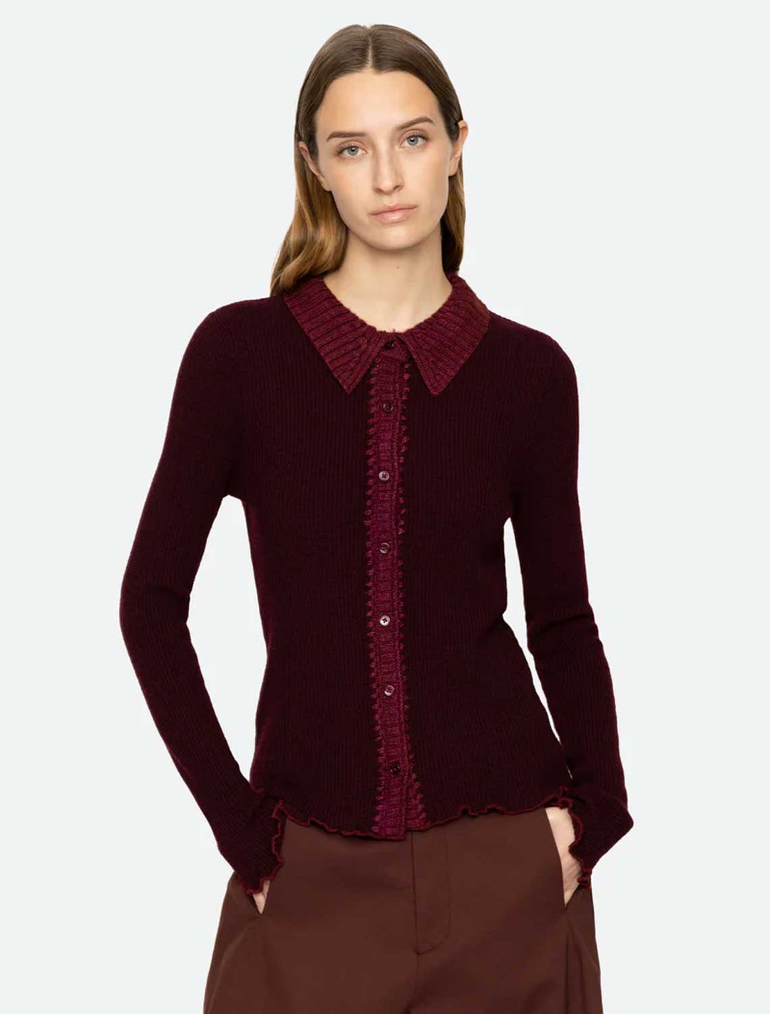 model wearing clare thermal cardigan in burgundy