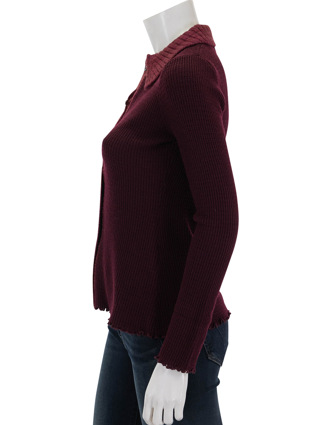 side view of clare thermal cardigan in burgundy