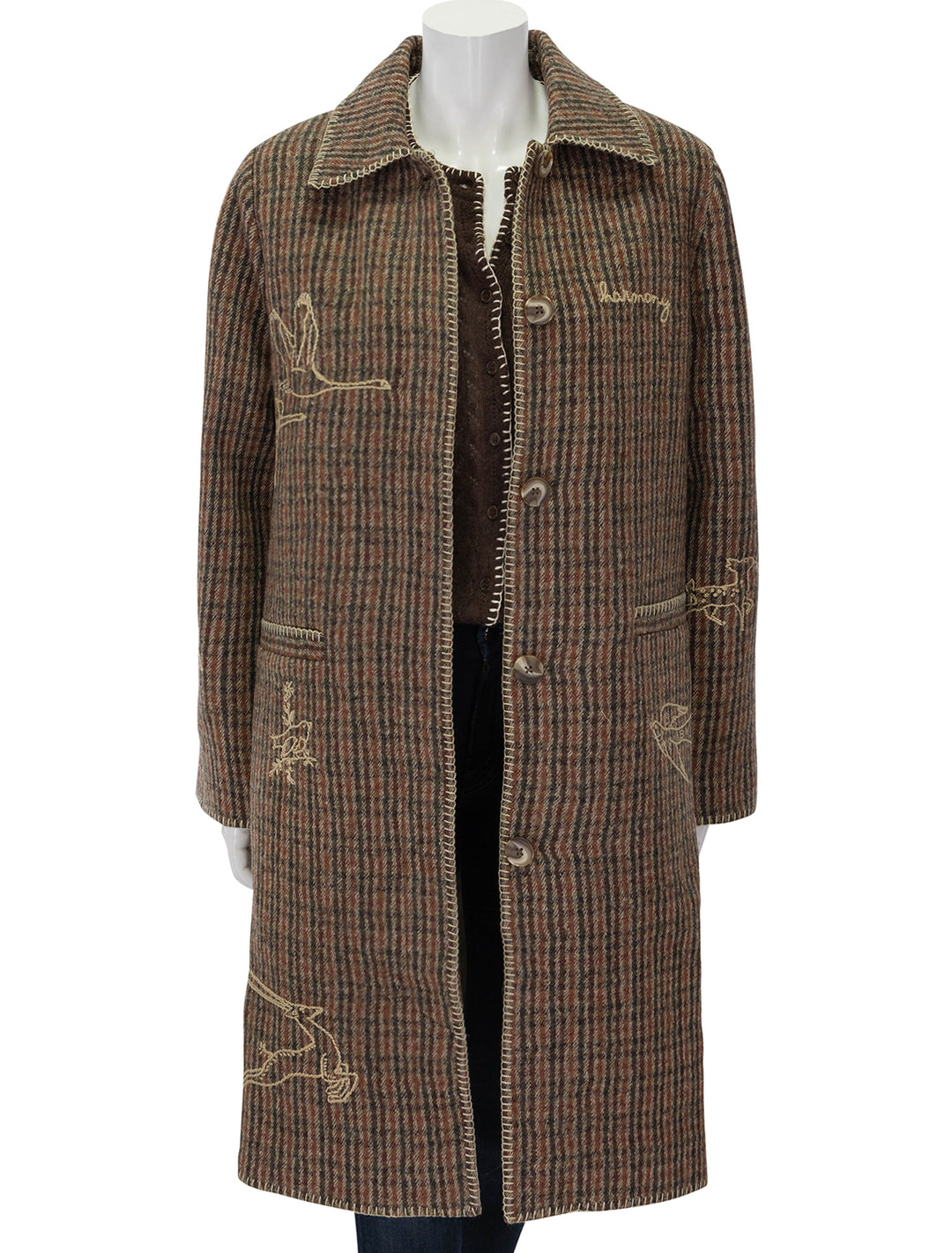 Front view of Sea NY's martha embroidered coat in brown, unbuttoned.