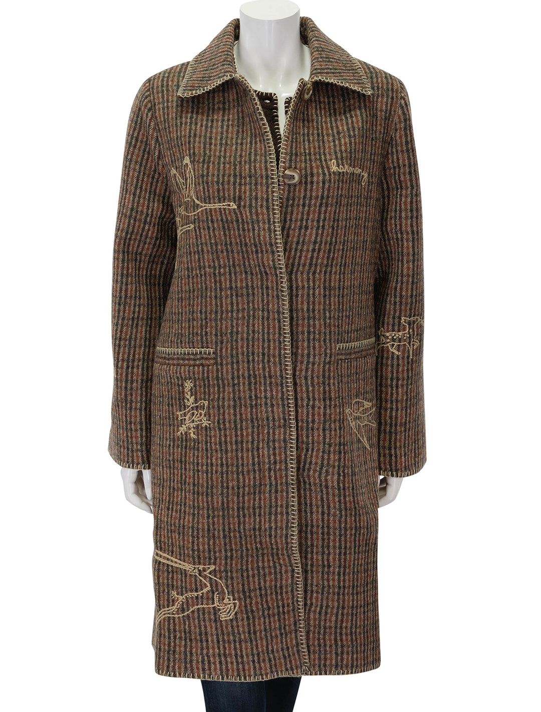 Front view of Sea NY's martha embroidered coat in brown, buttoned.