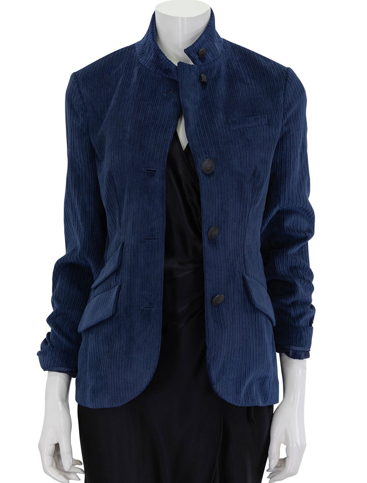 Front view of Rag & Bone's slade cord blazer in navy, unbuttoned.