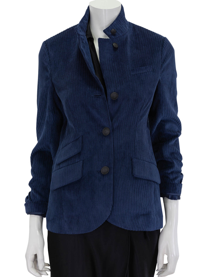 Front view of  Rag & Bone's slade cord blazer in navy, buttoned.