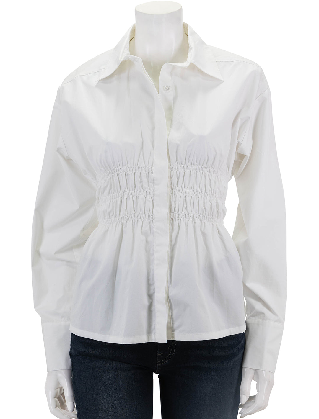 Front view of Saint Art's yvonne ruched front-tie blouse in white.