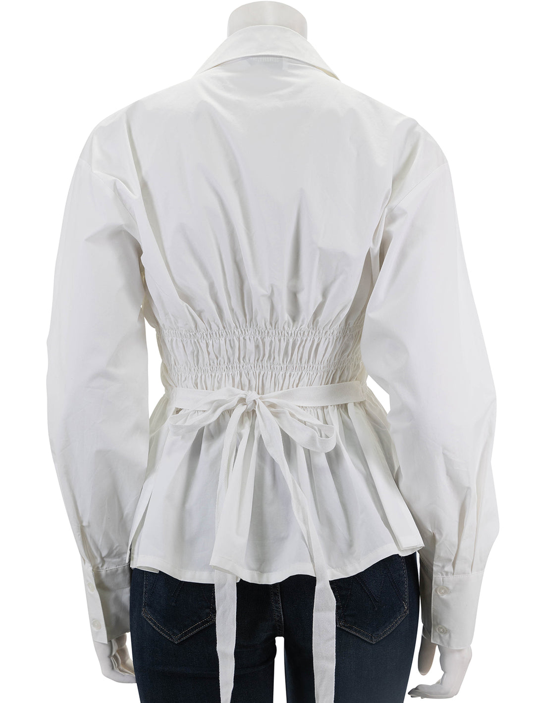 Back view of Saint Art's yvonne ruched front-tie blouse in white.