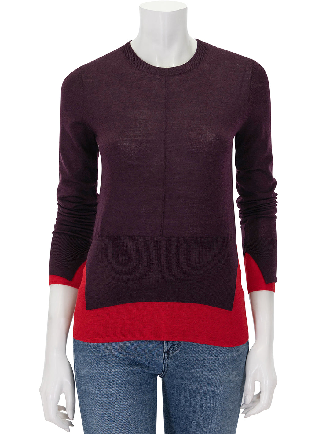 Front view of Saint Art's myra layered sweater in burgundy and tomato.