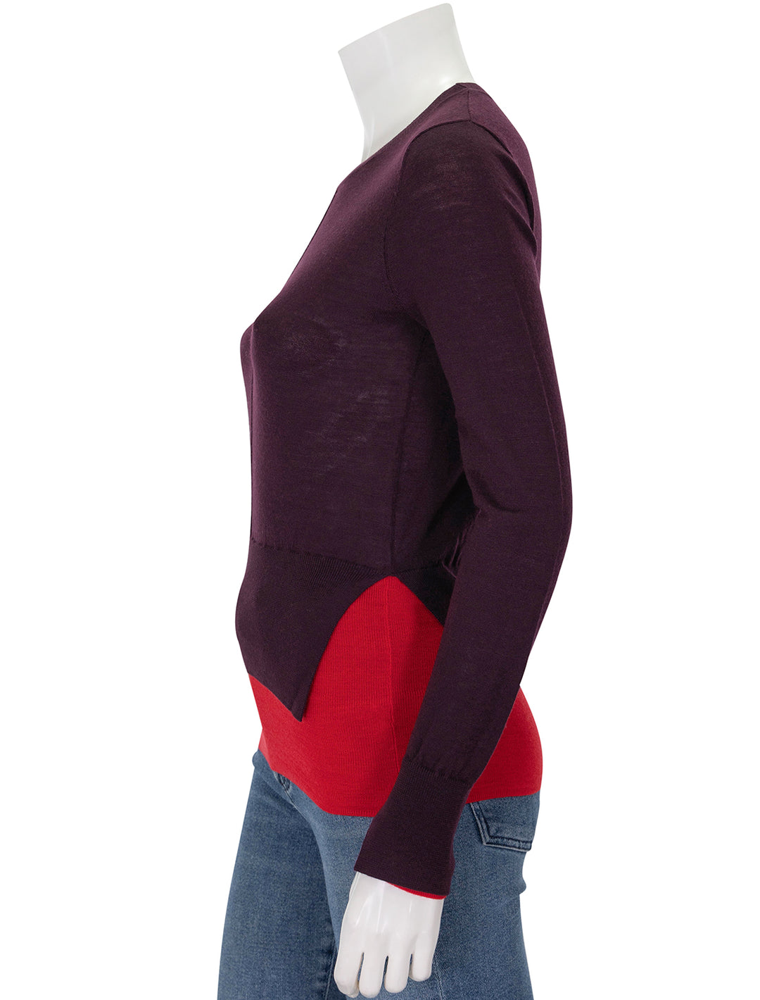 Side view of Saint Art's myra layered sweater in burgundy and tomato.