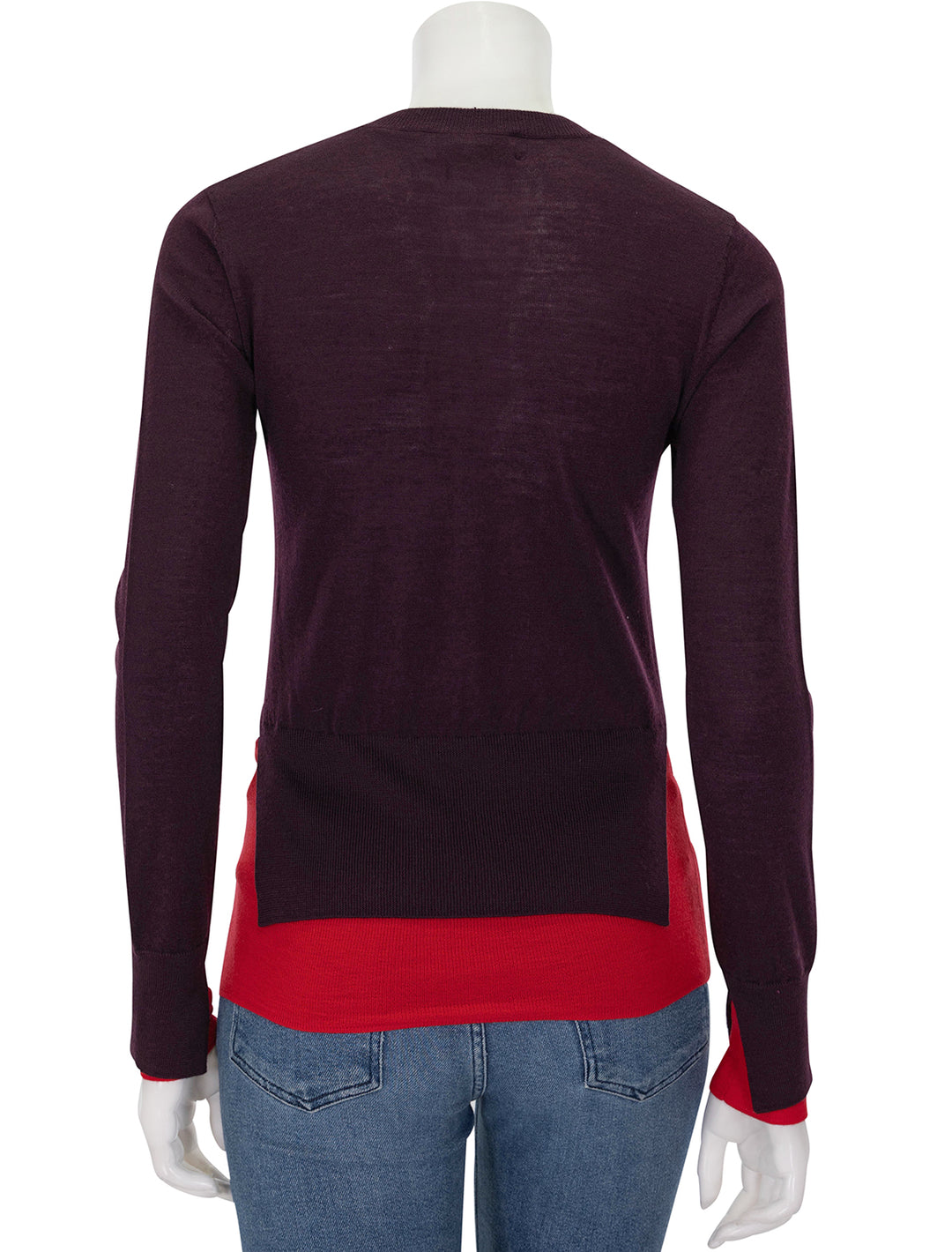 Back view of Saint Art's myra layered sweater in burgundy and tomato.