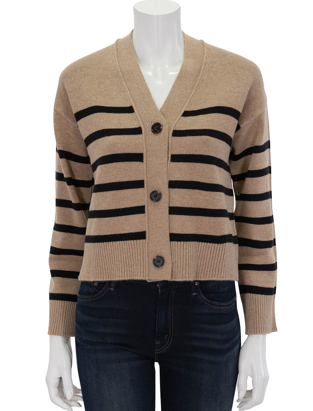 Front view of Rails' geneva cardi in camel and black stripe.