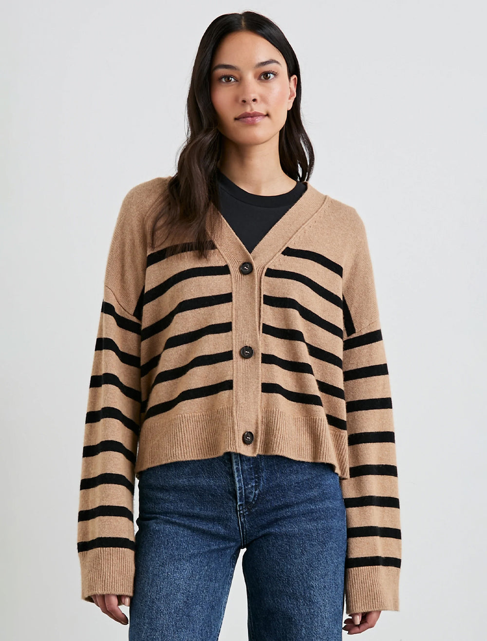 Model wearing Rails' geneva cardi in camel and black stripe.