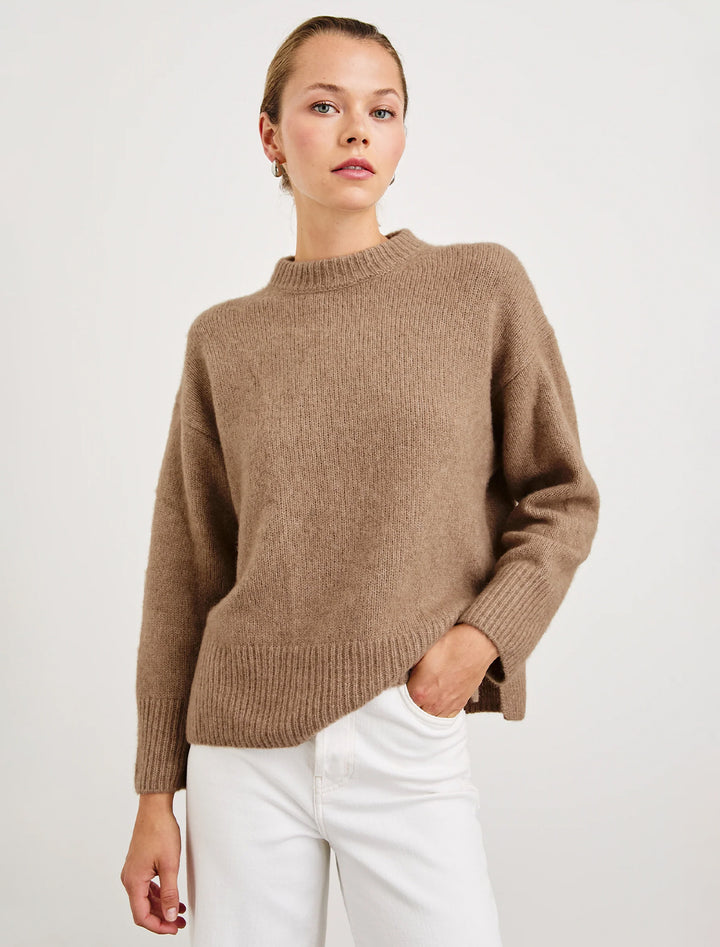 Model wearing Rails' miranda sweater in oatmeal.