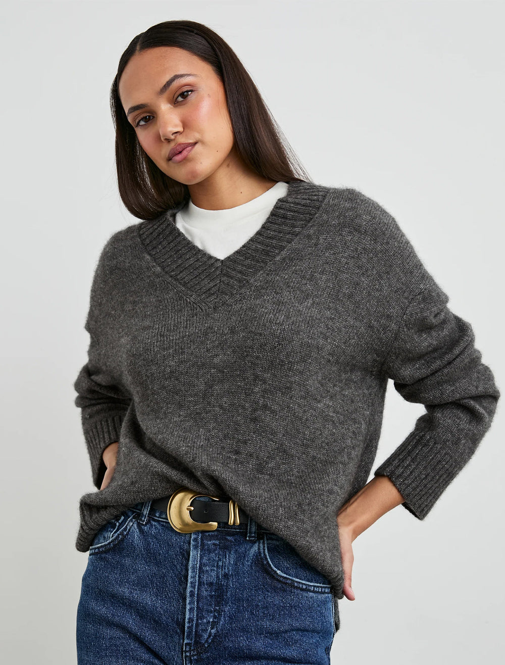 Model wearing Rails' gisella sweater in thunder.