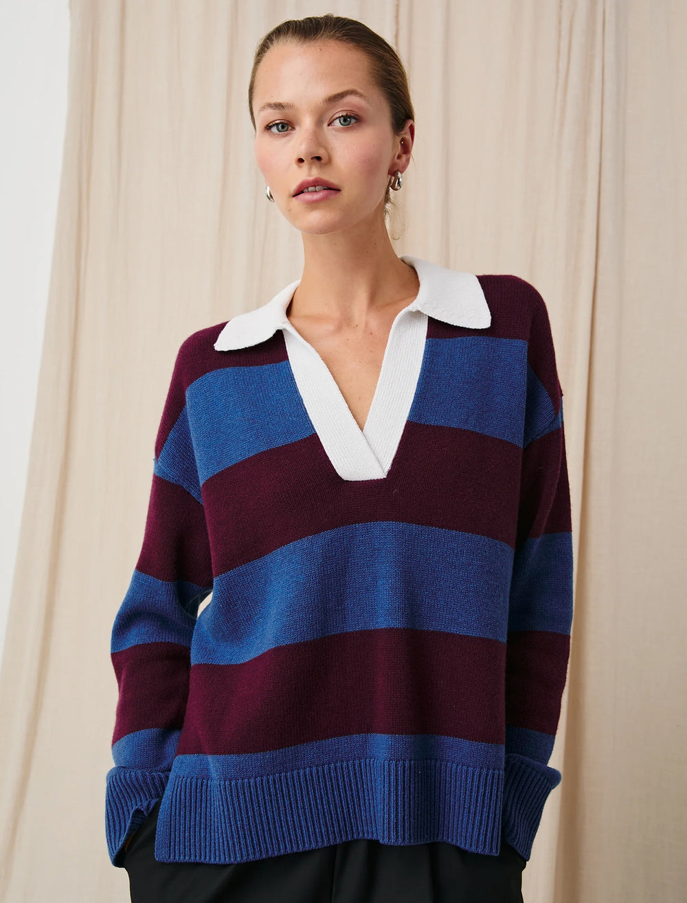 Model wearing Rails' harris rugby stripe sweater.