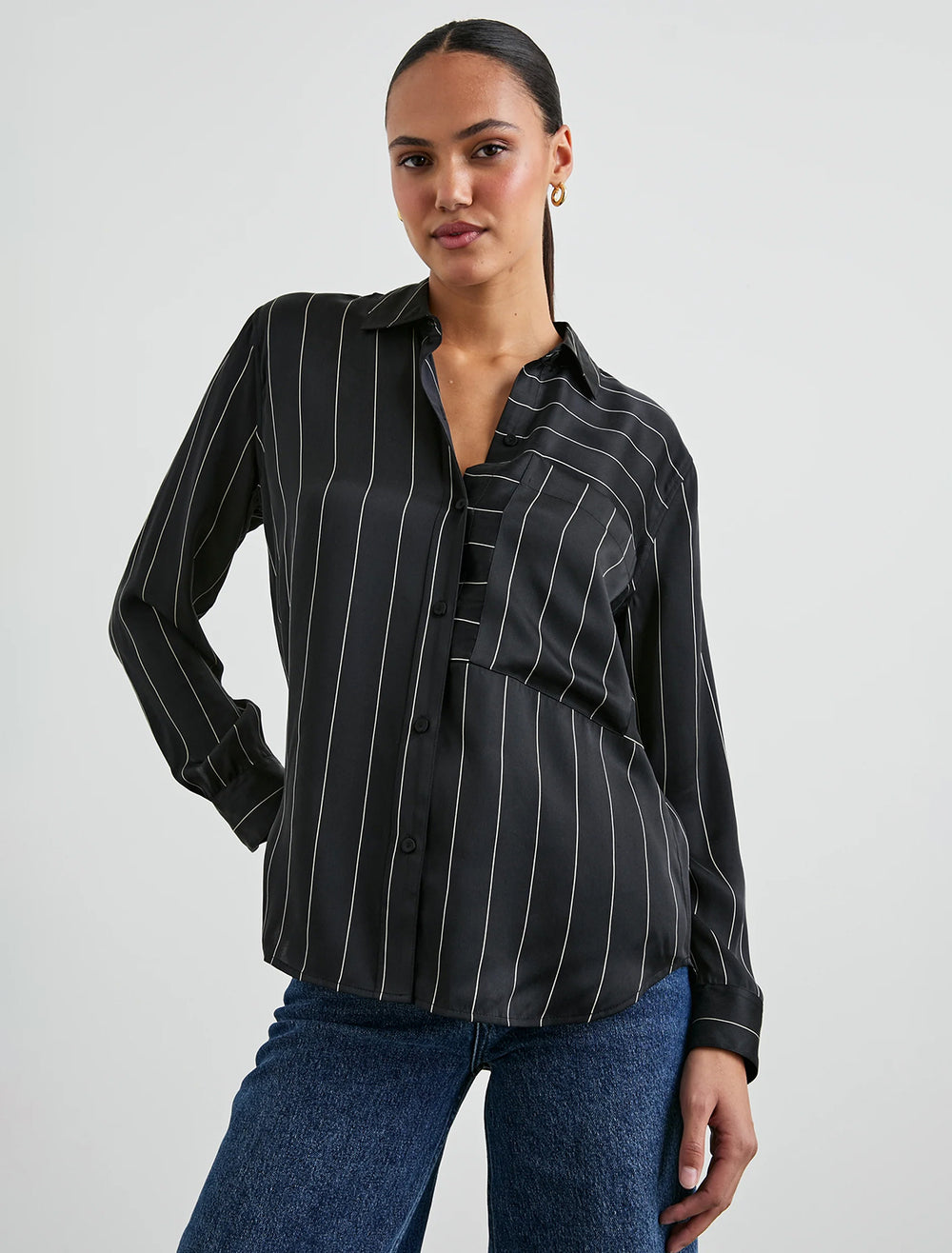 Model wearing Rails' spencer top in ink stripe.